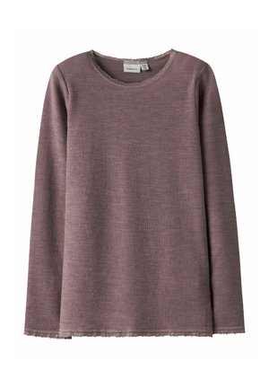 Langärmliges Hemd in Mauve mit strukturiertem Stoff, rundem Halsausschnitt und Spitzenbesatz entlang des Halsausschnitts und Saums. Zartes Muster im gesamten Stoff.