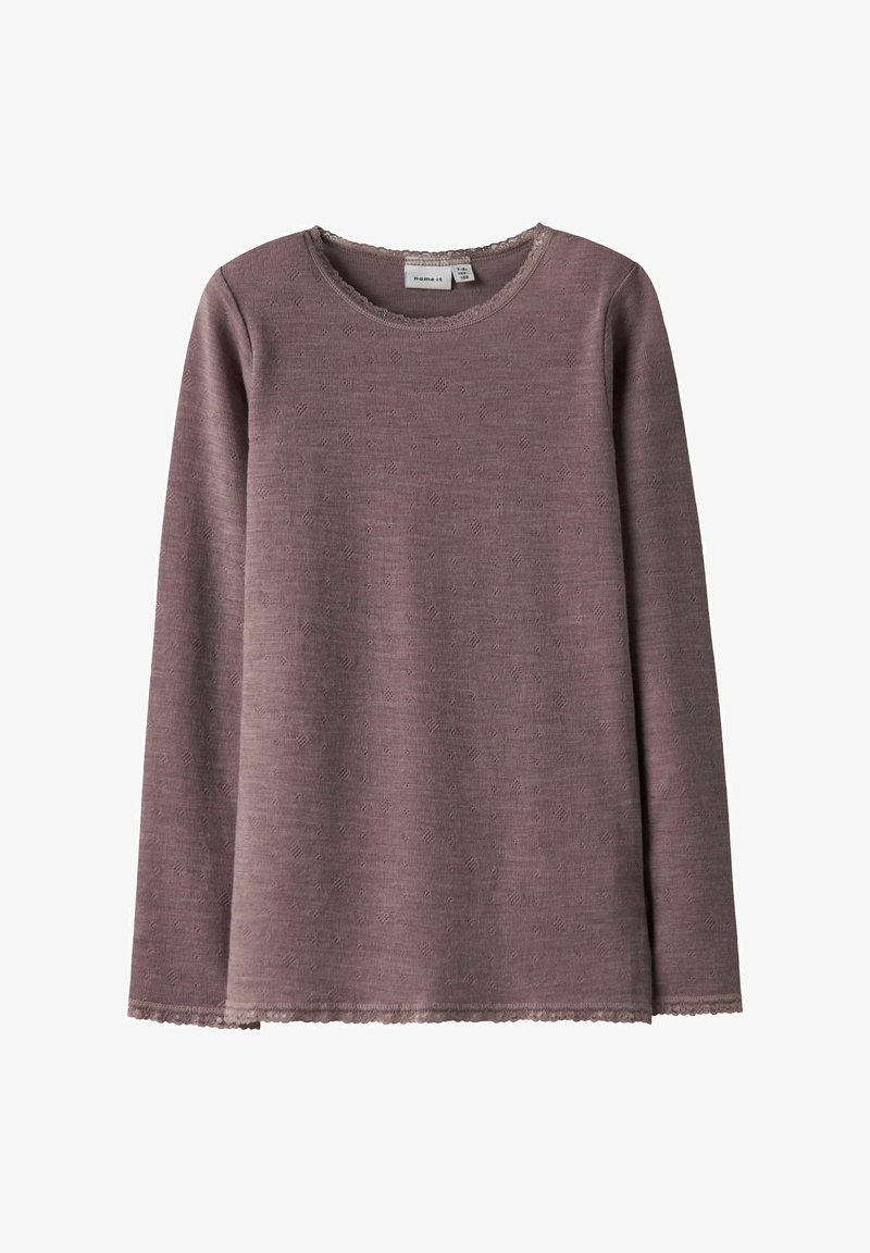 Langärmliges Hemd in Mauve mit strukturiertem Stoff, rundem Halsausschnitt und Spitzenbesatz entlang des Halsausschnitts und Saums. Zartes Muster im gesamten Stoff.