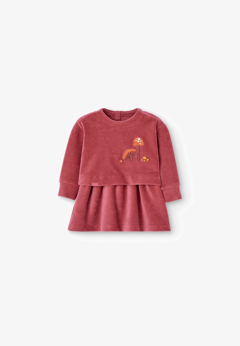 Robe pour tout-petit en velours côtelé rose poudré à manches longues avec broderie de champignon sur la poitrine et jupe plissée.