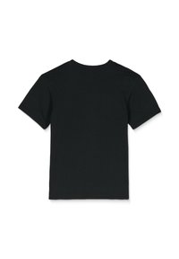 Svart T-shirt med kort ärm gjord av bomull, med rund hals och en mjuk textur. Inga synliga logotyper eller mönster.