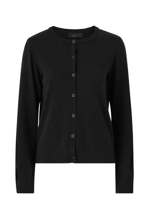 Sort cardigan lavet af blødt stof, med rund halsudskæring, lange ærmer og knaplukning foran med ribbede detaljer.