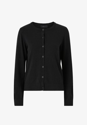 Sort cardigan lavet af blødt stof, med rund halsudskæring, lange ærmer og knaplukning foran med ribbede detaljer.