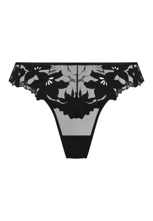 Schwarze Tanga-Unterwäsche mit floralen Spitzenmustern, die halbtransparente Netzpaneele und gewellte Kanten aufweist. Detailliertes Blumendesign am Taillenbund.
