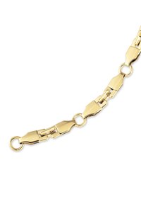 Segment de collier en chaîne en or avec des maillons rectangulaires polis reliés par de petits anneaux ronds sur un fond blanc.