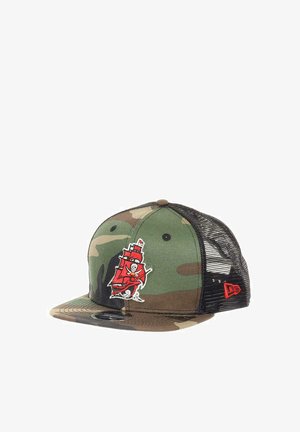 Camouflage baseball cap with a curved brim, mesh back, and a prominent embroidered pirate ship logo in red and white.