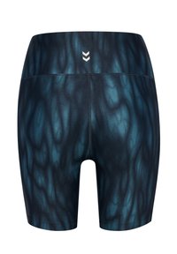 Tighta shorts i mörkblå färg med ett vågigt texturmönster, hög midja och en liten vit logga på baksidan.