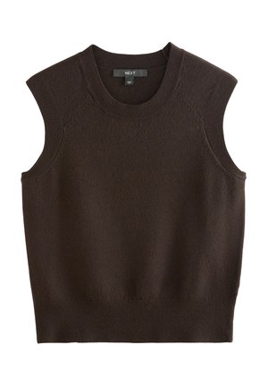 Maglione senza maniche di colore marrone scuro, con collo rotondo, bordi a costine e una texture liscia. Design semplice, senza motivi o decorazioni.
