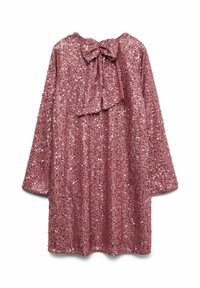 Langærmet kjole i hindbærpink dækket af pailletter, med en stor sløjfedetalje bagpå og en løs, afslappet pasform.