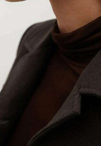 Gros plan d'une personne portant un pull à col roulé brun foncé et un manteau gris foncé, montrant le cou et la partie supérieure de la poitrine.