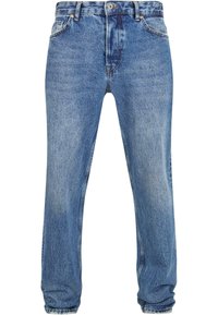 Lysblå denimjeans med lige ben-design, der har falmede nuancer, fem lommer og en metalknaplukning i taljen.