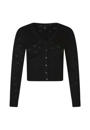 Cardigan court noir avec manches longues, col en V, boutonnage devant et motifs tricotés subtils en forme de cœur partout.