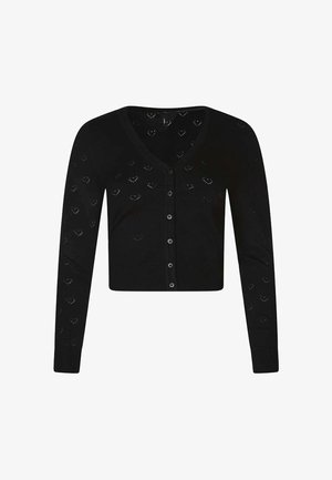 Cardigan court noir avec manches longues, col en V, boutonnage devant et motifs tricotés subtils en forme de cœur partout.