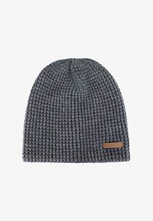 Dark gray knitted beanie with a textured weave and a small brown label on the lower edge.