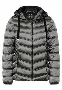 Vadderad jacka i mörkgrått med en glänsande yta, med huva, frontdragkedja och svarta accenter. Chevron-quiltat mönster överallt.