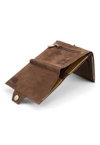 Brown leather wallet with a smooth texture, featuring a zippered pocket, multiple card slots, and a logo embossing on the front.