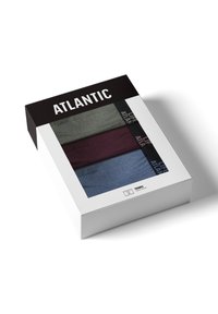 Zestaw trzech elastycznych majtek bawełnianych w kolorach zielonym, burgundowym i niebieskim. Prezentowane w białym pudełku z czarną przykrywką z logo "ATLANTIC".