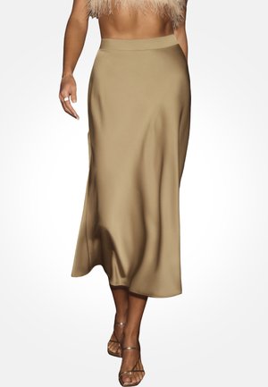 Falda midi línea A de satén en beige, con una textura suave y un brillo sutil. Tiene una cintura ajustada y cae suavemente hasta el dobladillo.