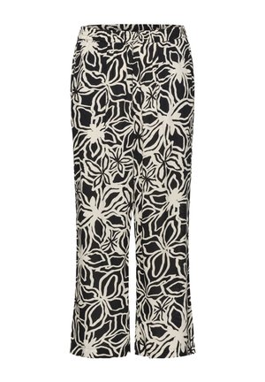 Pantalones de pierna ancha con estampado floral en blanco y negro, con cintura elástica, que cuentan con una tela ligera y una textura suave.