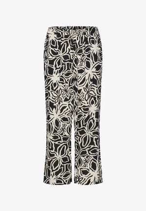 Schwarz-weiße, floral gemusterte weite Hosen mit elastischem Bund, aus leichtem Stoff und mit glatter Textur.