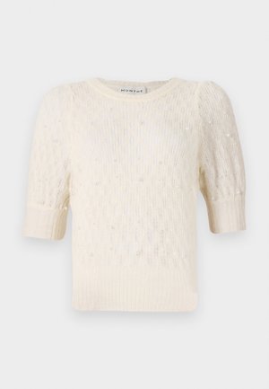 Cream-colored sweater with short puff sleeves, fine knit texture, and pearl-like embellishments throughout. Round neckline, casual design.