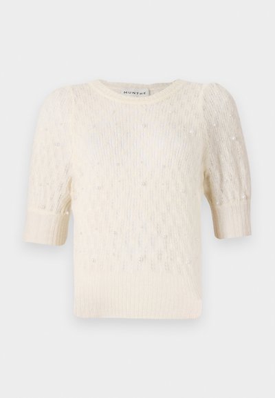 Cream-colored sweater with short puff sleeves, fine knit texture, and pearl-like embellishments throughout. Round neckline, casual design.