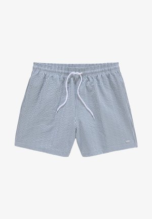 Gestreifte Badeshorts in Hellblau und Weiß, mit elastischem Bund und Kordelzug, sowie weichem Stofftextur.