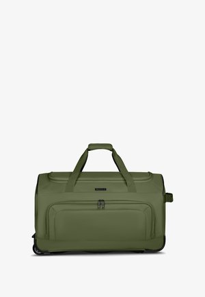 Borsa da viaggio in verde oliva, realizzata in tessuto resistente. Presenta due manici corti, una tasca esterna con zip e una base rinforzata con ruote.