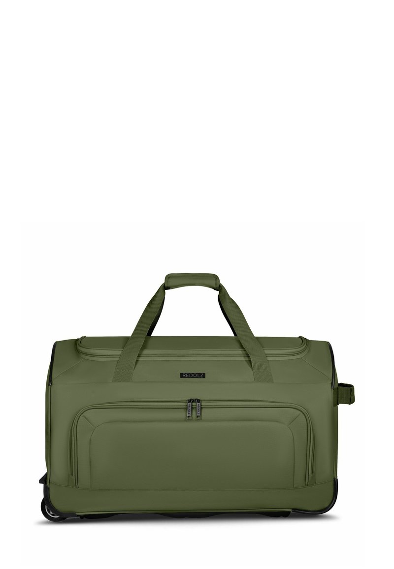 Borsa da viaggio in verde oliva, realizzata in tessuto resistente. Presenta due manici corti, una tasca esterna con zip e una base rinforzata con ruote.