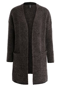 Hnědý cardigan s vzorem rybí kosti a otevřeným předním dílem, dvěma předními kapsami a uvolněným střihem. Tkanina s texturou a měkkým povrchem.
