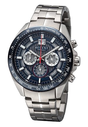 Stainless steel chronograph watch with blue dial, tachymeter bezel, three subdials, date window, and silver metal link bracelet.