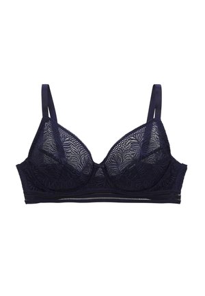 Soutien-gorge en dentelle bleu marine avec des bonnets transparents, motif floral, bretelles réglables et bande en satin. Comprend un petit nœud au centre.