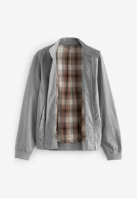 Grijze jas met een rits, voorzien van een geruite voering in bruin, beige en roestkleur. Inclusief twee voorkruisen en elastische mouwen.