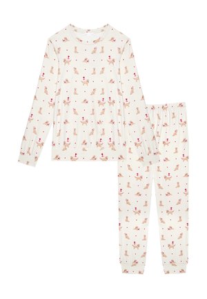 Langärmeliges Pyjama-Set in Cremeton mit Hose, bedruckt mit einem Muster aus kleinen Hunden und rosa Herzen.