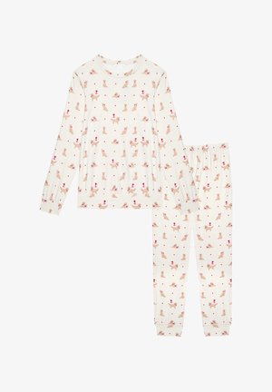 Langärmeliges Pyjama-Set in Cremeton mit Hose, bedruckt mit einem Muster aus kleinen Hunden und rosa Herzen.