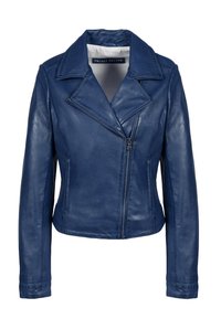 Giacca da moto in pelle blu con colletto a revers, zip asimmetrica e maniche lunghe. Texture liscia e design aderente.