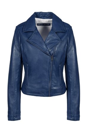 Blaue Leder-Motorradjacke mit Reverskragen, asymmetrischem Reißverschluss und langen Ärmeln. Glatte Textur und taillierte Passform.