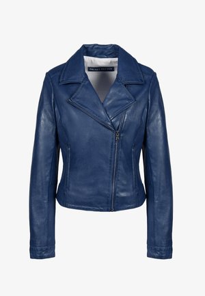 Veste de moto en cuir bleu avec un col cranté, fermeture éclair asymétrique et manches longues. Texture lisse et design ajusté.