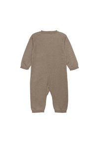 Hellbraunes gestricktes Baby-Overall mit langen Ärmeln, gerippten Bündchen und Rundhalsausschnitt. Glatte Textur, vollständige Rückendeckung und lässige Passform.