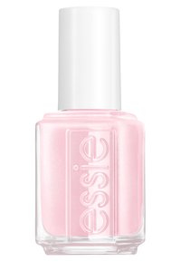 Essie nagellackflaska i transparent glas med fyrkantig form, med ett vitt lock. Lacket är en mjuk, skimrande rosa färg.