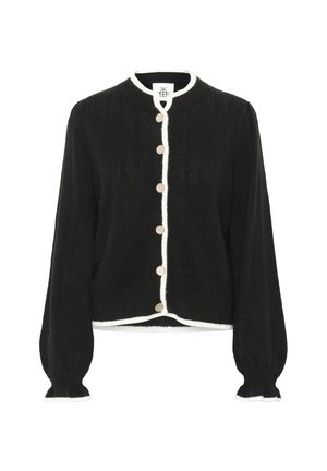 Black knit cardigan with a textured finish, featuring a white trim, round neckline, and buttons along the front. Long, billowy sleeves.
