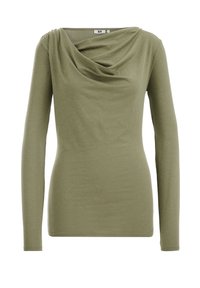 Long-sleeve top in olive green, featuring a draped neckline and smooth, stretchy fabric. Simple design with fitted silhouette and soft texture.