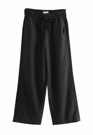 Schwarze weit geschnittene Hose aus Leinen, mit einem elastischen Bund und Kordelzug, seitlichen Taschen und einer glatten, strukturierten Oberfläche.