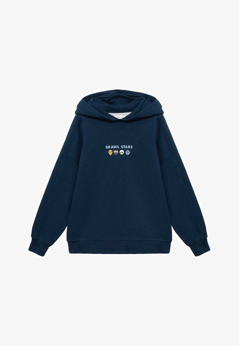 Navy huppari, joka on valmistettu pehmeästä kankaasta ja jossa on kenguru-tasku. Keskelle painettu teksti "BRAWL STARS" ja neljä värikästä ikonia sen alapuolella.