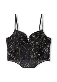 Reggiseno nero con tessuto trasparente, coppe imbottite e motivo a pois argentati. Presenta spalline regolabili e una chiusura con gancio e occhiello sul retro.