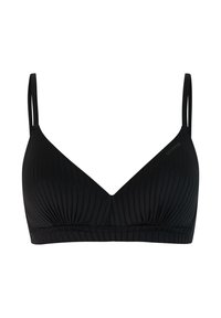 Bralette negro de tela acanalada con tirantes finos ajustables y un pequeño logo en la parte superior derecha de la copa.