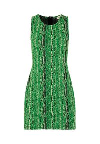 Robe sans manches de couleur verte avec un motif texturé et des accents noirs, dotée d'un col rond et d'une silhouette cintrée.