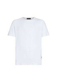 Weißes Baumwoll-T-Shirt mit Rundhalsausschnitt und kurzen Ärmeln. Verfügt über ein dezentes Logo auf der Brust und ein Seitenetikett am Saum.