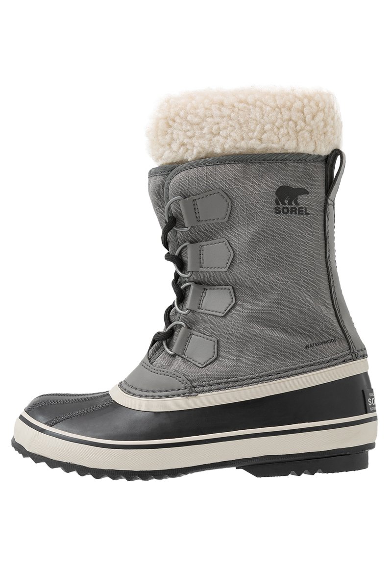 Graue wasserdichte Stiefel mit Kunstfellkragen, Gummisohle und Schnürung. Verfügt über ein glattes Obermaterial und ein mehrlagiges Design mit Logo.