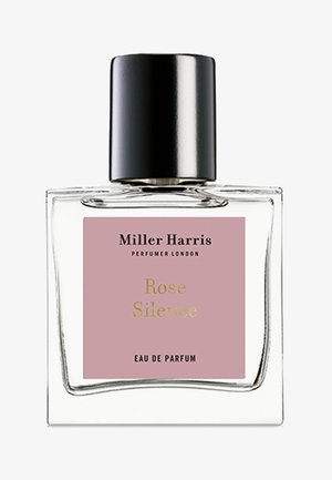 Clear glass perfume bottle with a black cap. Features a pink label reading "Miller Harris Rose Silence Eau de Parfum" in gold text.