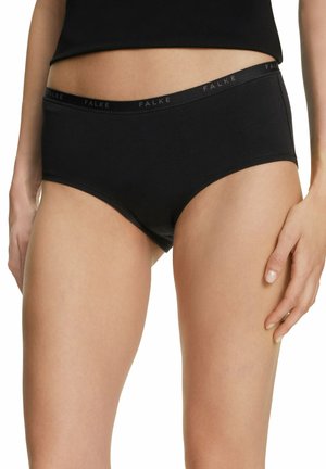 Zwarte katoenen slip met een gladde textuur en een elastische tailleband waarop de merknaam "FALKE" in contrasterende kleur is geweven.